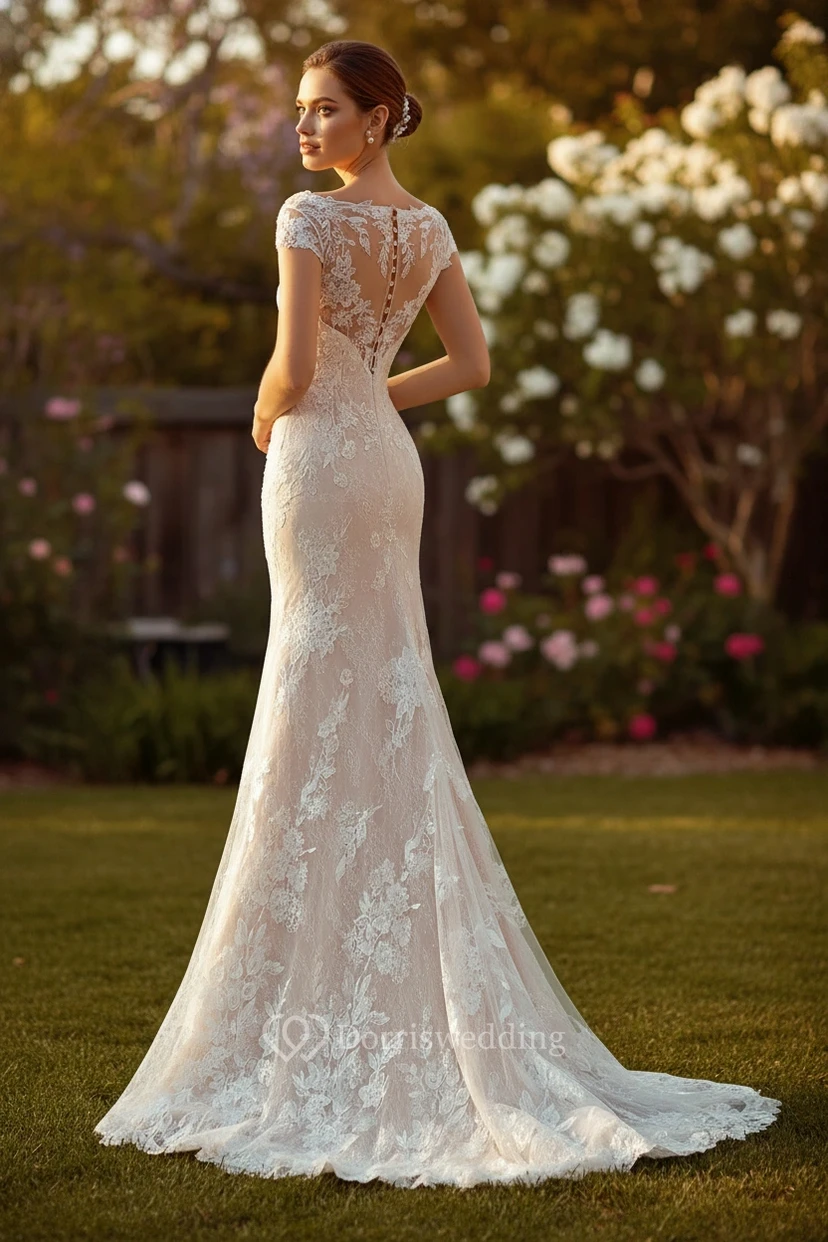 Robe de mariée sirène classique en dentelle à col en V, manches courtes et bordure festonnée view 2