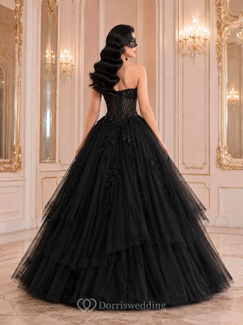Black Luxury Strapless Sweetheart Beaded Lace Tiered Tulle Ball Gown Masquerade Dress view 2