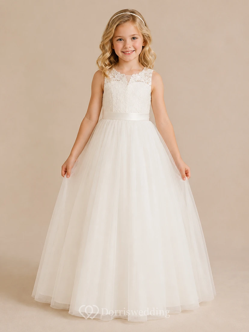 Lace Bodice Tulle A-Line Flower Girl Dress with V-Neck, Tea-Length Skirt and Bow Detail
