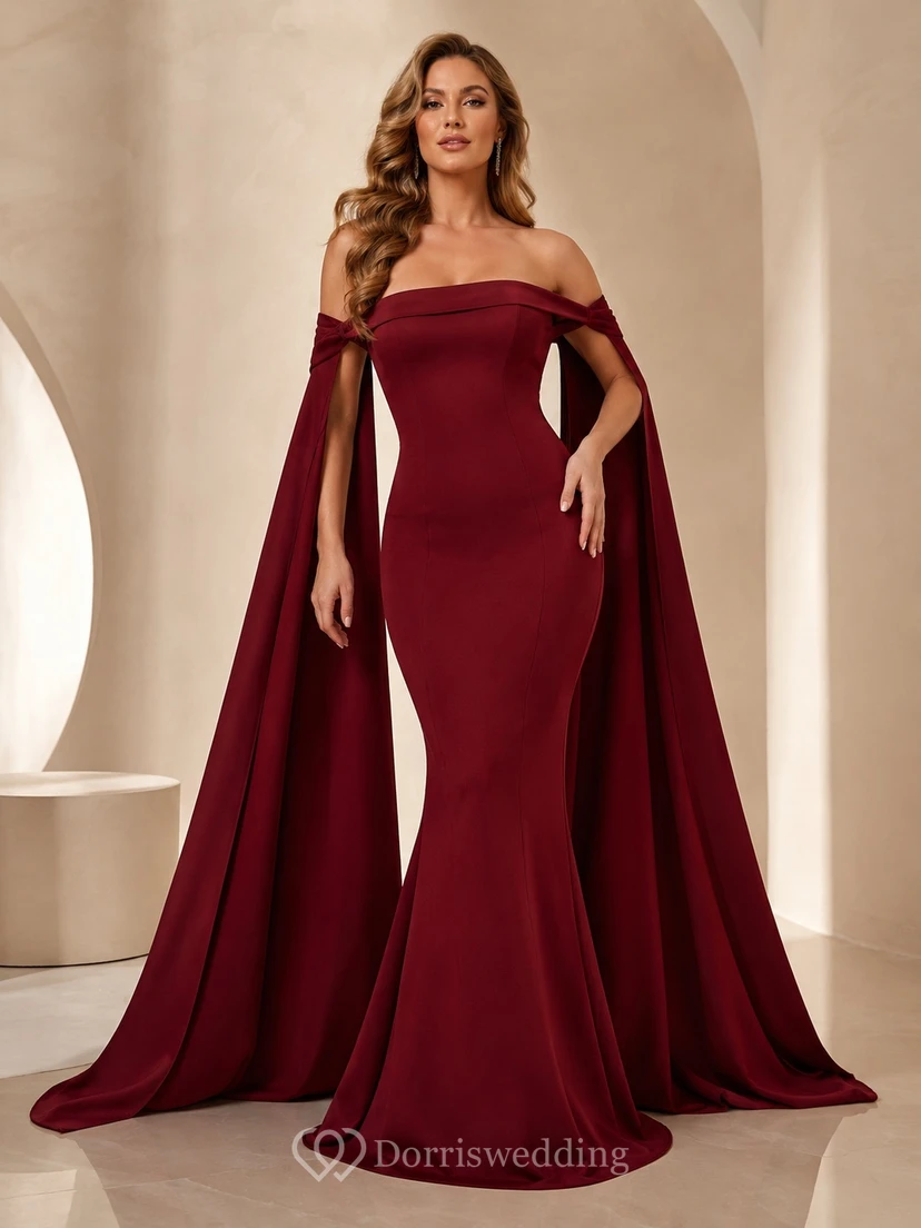 Robe de soirée sirène bordeaux à épaules dénudées et traîne balayée