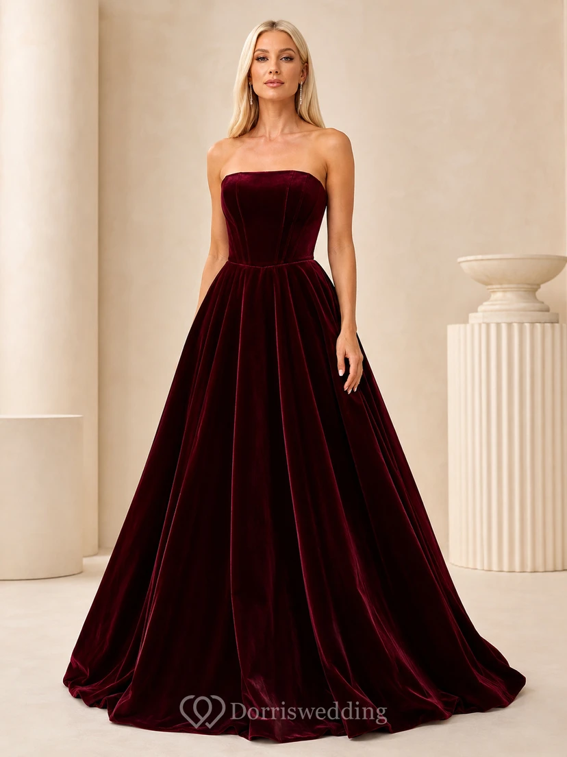 Burgunderrotes, trägerloses Samtballkleid, luxuriöses bodenlanges Abendkleid für Prominente