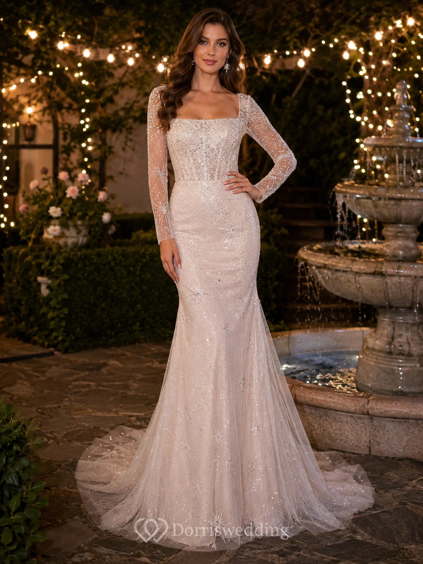 Long Sleeve Celestial Lace Mermaid Garden Bridal Gown