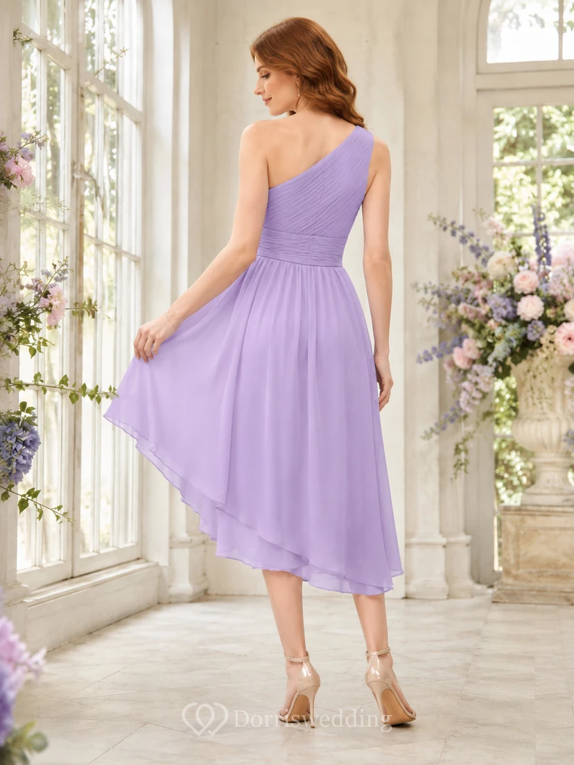 Violet Cascade Lavender A-Line High-Low One-Shoulder Sleeveless Chiffon Romantic Guest Dress view 2