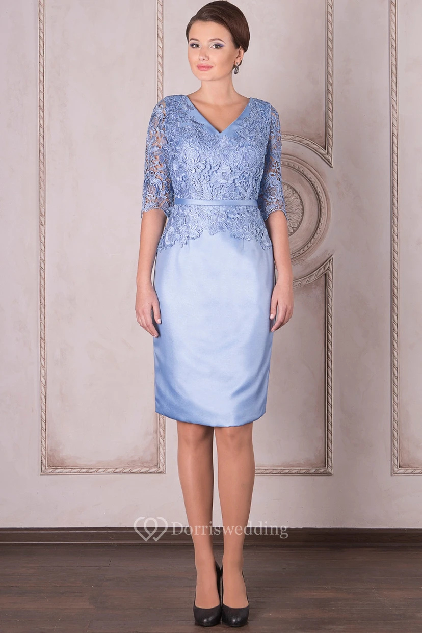 Pencil Knee-Length Half Sleeve Appliqued V-Neck Satin Mother Of The Bride Dress