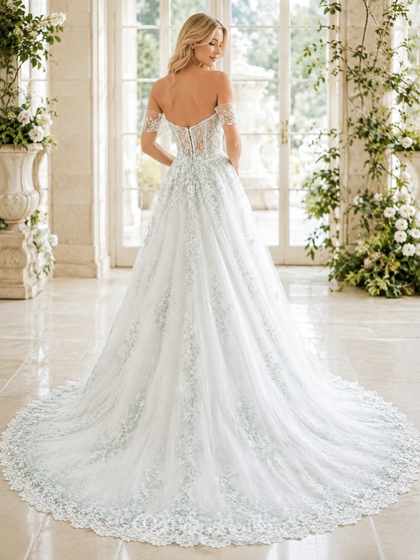 Celadon Botanical Brautkleid in A-Linie, schulterfrei, kurze Ärmel, Kathedralenschleppe, romantisch-elegant view 2