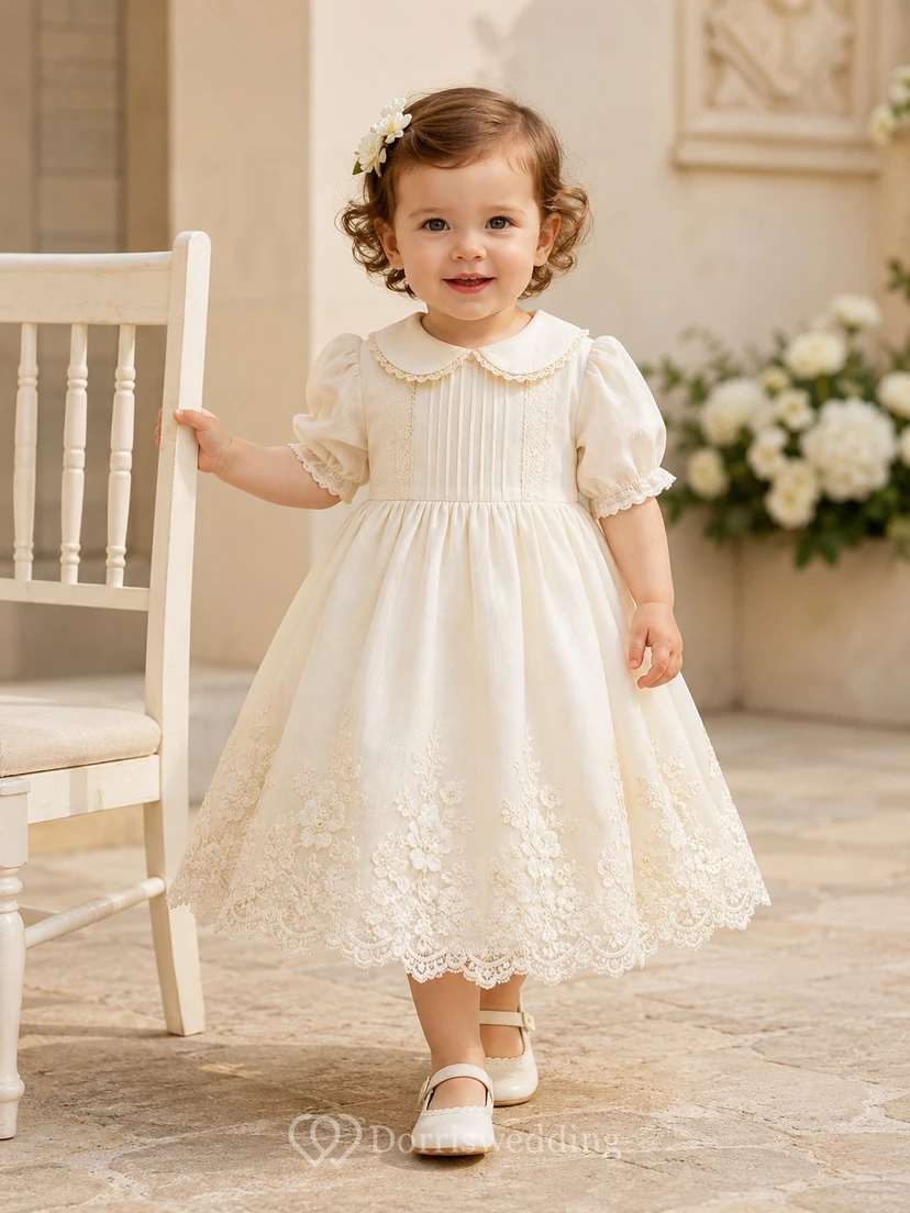 Collared Baptism Dress A-Line Cotton Lace Short Sleeve Vintage Skirt