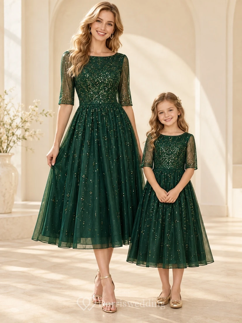 Robe assortie mère-fille en dentelle vert foncé pailletée, longueur thé