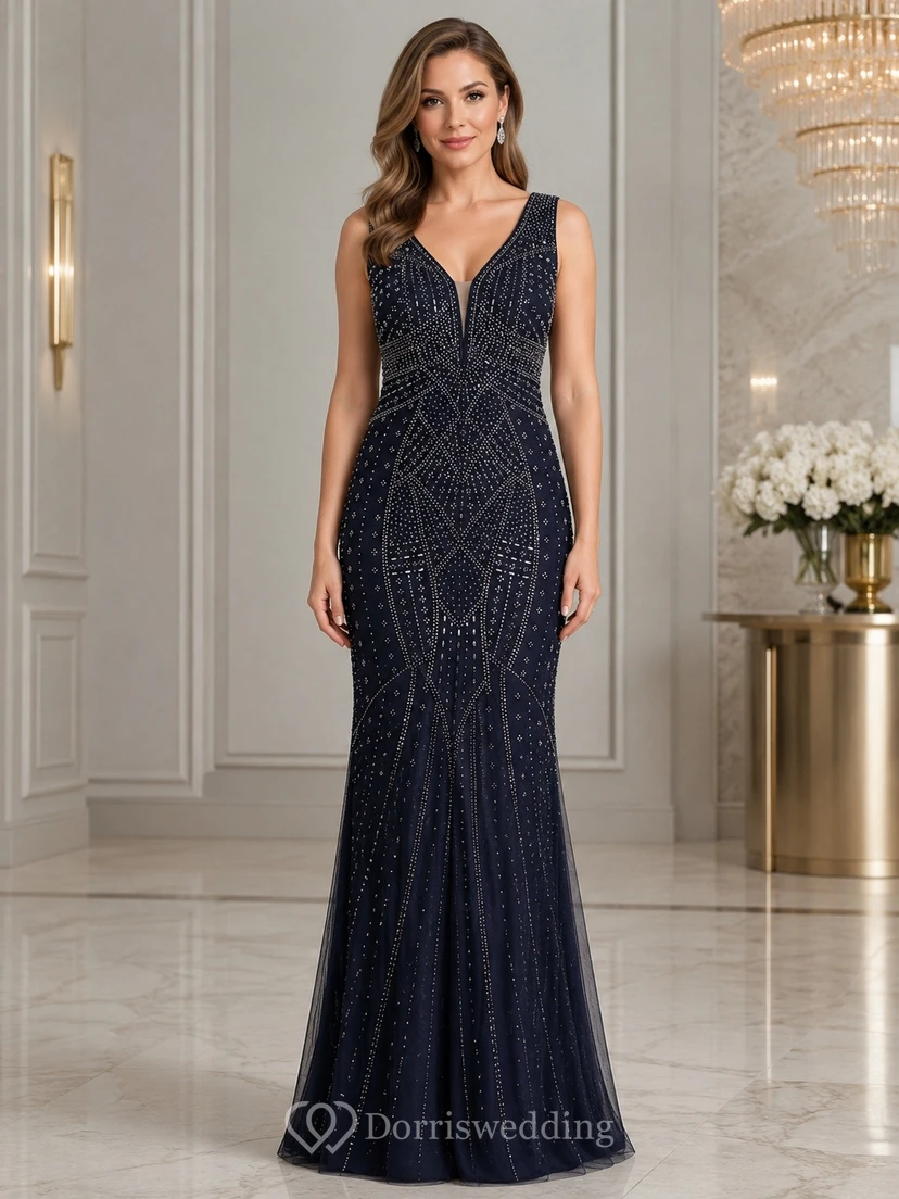 Dark Navy V Neck Glitter Mermaid Sleeveless Formal Evening Dress