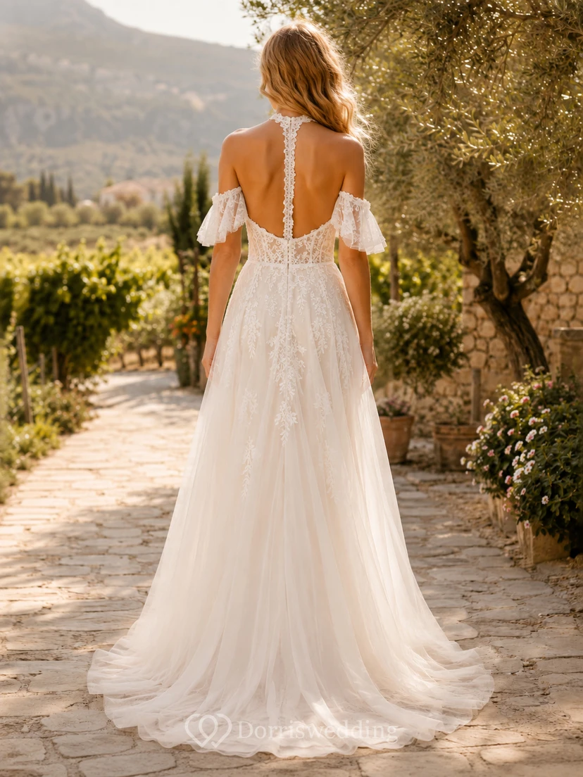 Summer Off Shoulder Flutter Sleeve Floral Lace Tulle A-Line Sweep Wedding Gown view 2
