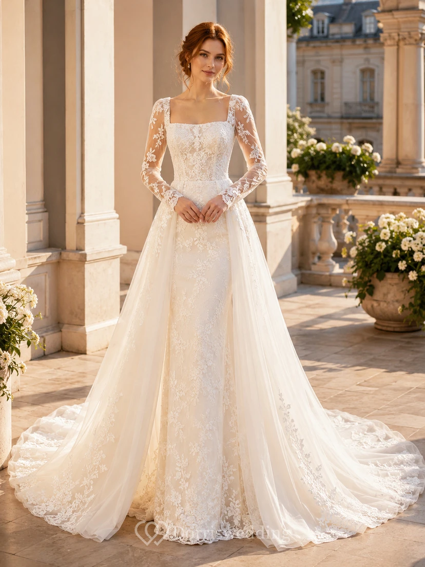 Brautkleid aus Spitze und Tüll, A-Linie, eckiger Ausschnitt, lange Ärmel, Schleppe