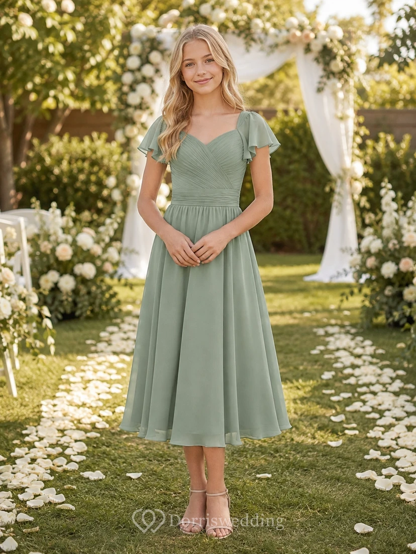 Celadonfarbenes Brautjungfernkleid für junge Damen, A-Linie, V-Ausschnitt, kurze Blütenblattärmel, Teelänge, lässig