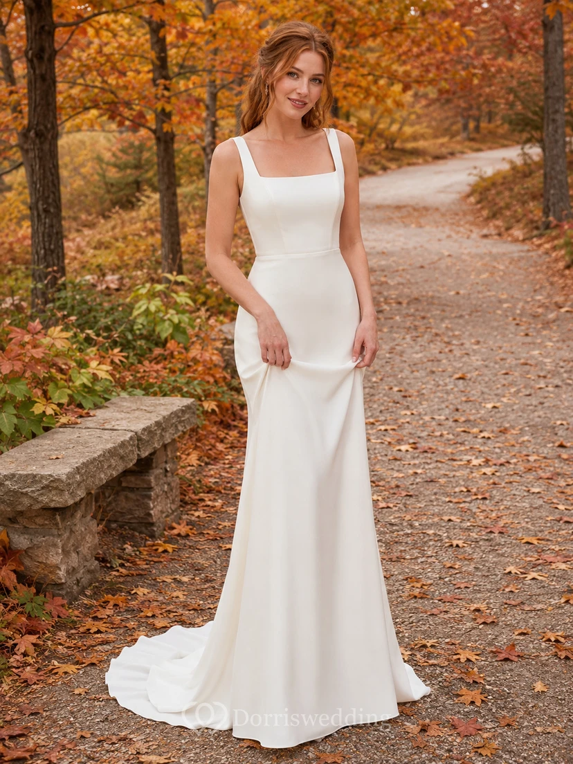 Einfaches herbstliches Meerjungfrauen-Hochzeitskleid aus Crêpe mit eckigem Ausschnitt