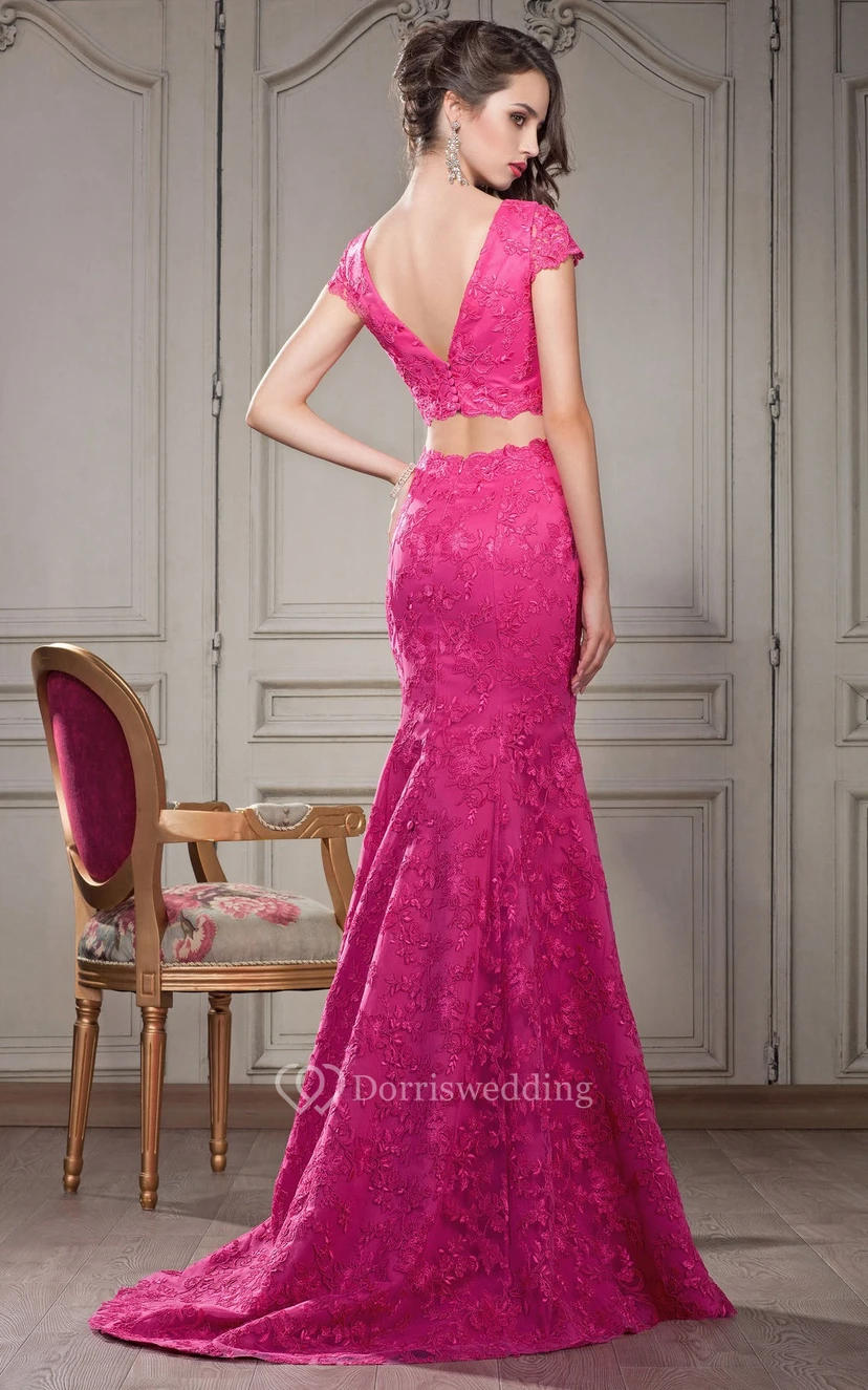 A-Line Floor-Length Off-The-Shoulder Short Sleeve Chiffon Ruffles Pleats Keyhole Dress view 2