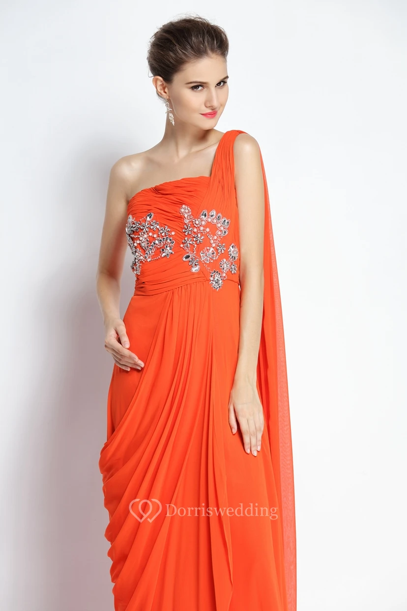 A-Line Floor-length One-shoulder Chiffon Sleeveless Prom Dress with Beading and Draping view 3