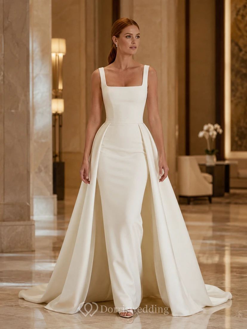 Robe de mariée en satin de plage, fourreau, bretelles fines, traîne et fente