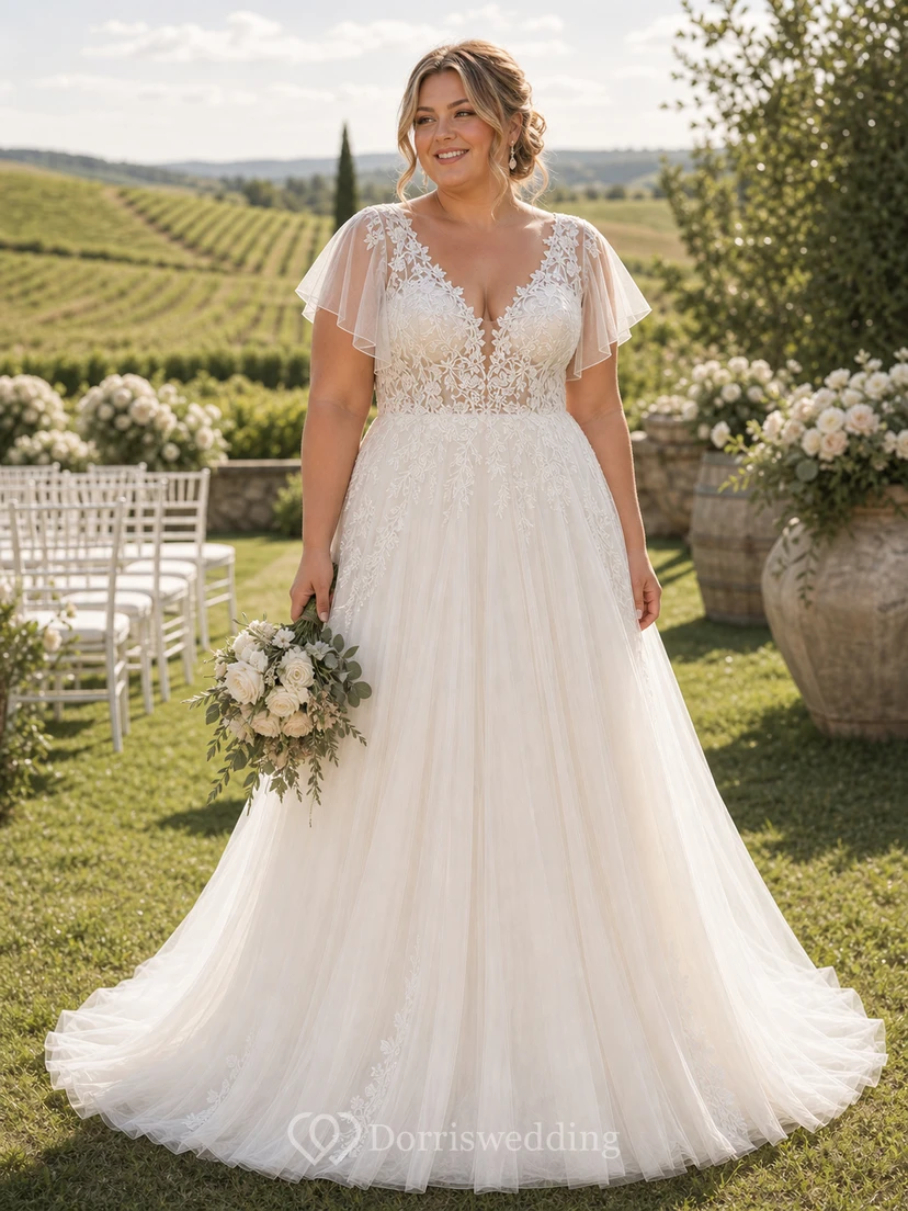 Robe de mariée bohème trapèze avec manches papillon et corsage en dentelle view 6