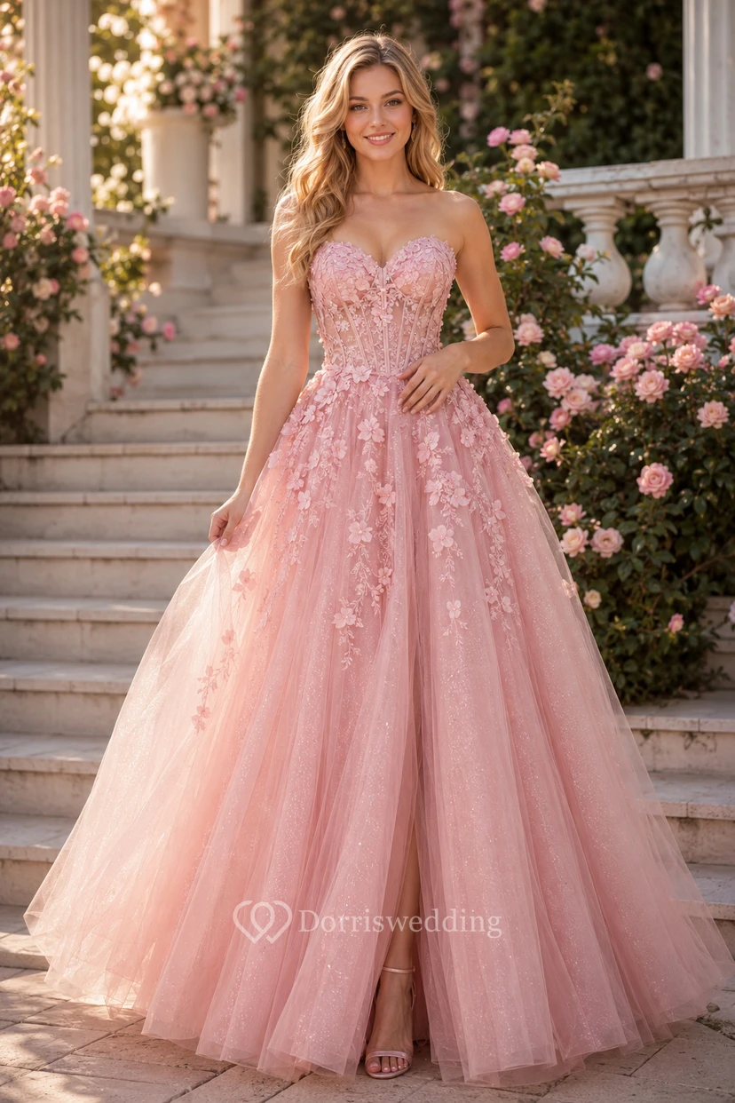 Blushing Pink Tulle A-Line Prom Dress with Floral Appliques and Slit for Bridesmaids Wedding Guests and Formal Receptions