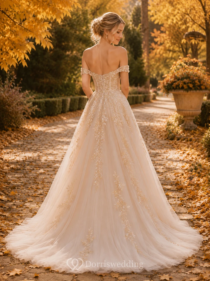 Champagne Autumn Off Shoulder Embroidered Tulle A-Line Wedding Dress view 2