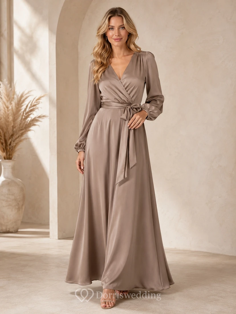 Long Sleeve Simple A-Line Wrap Sash Taupe Formal Evening Dress