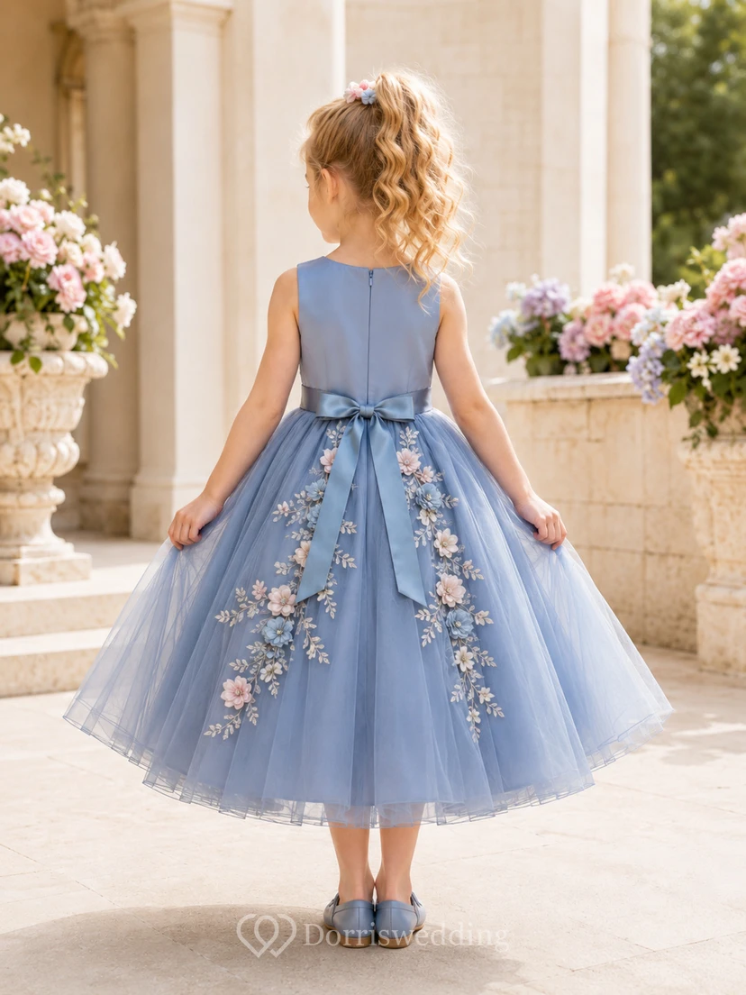 Slate Blue Cascading Floral Flower Girl Dress with Sleeveless Tulle A-Line, Bow Back, Applique Trail, and Tea-Length Skirt view 2