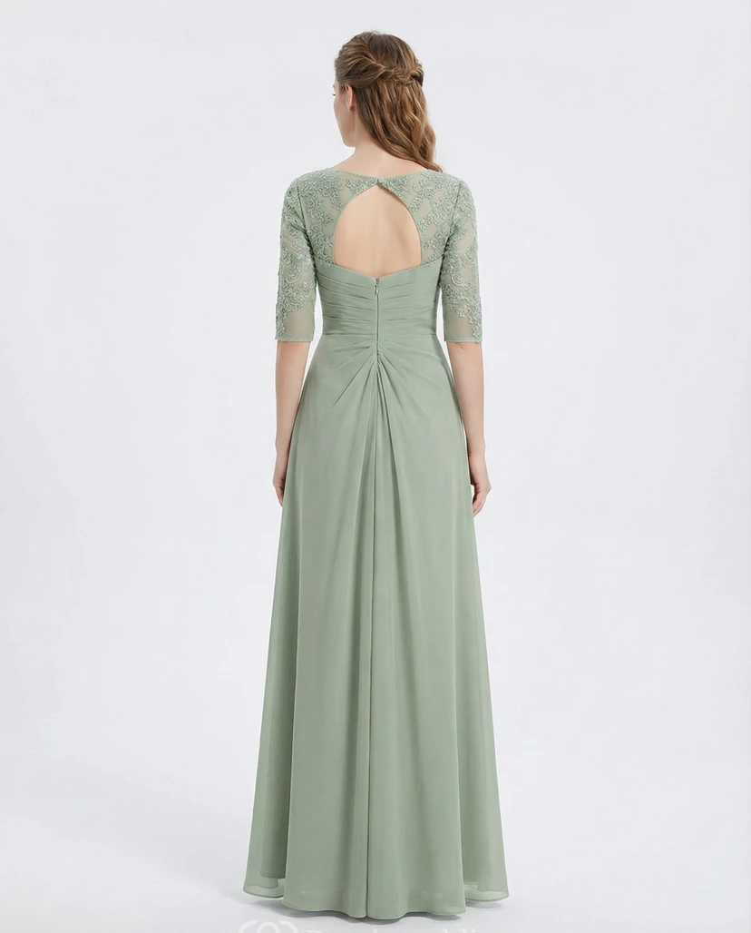 Salbeigrünes, elegantes Chiffon-Abendkleid in A-Linie mit halblangen Spitzenärmeln und plissiertem Oberteil view 2