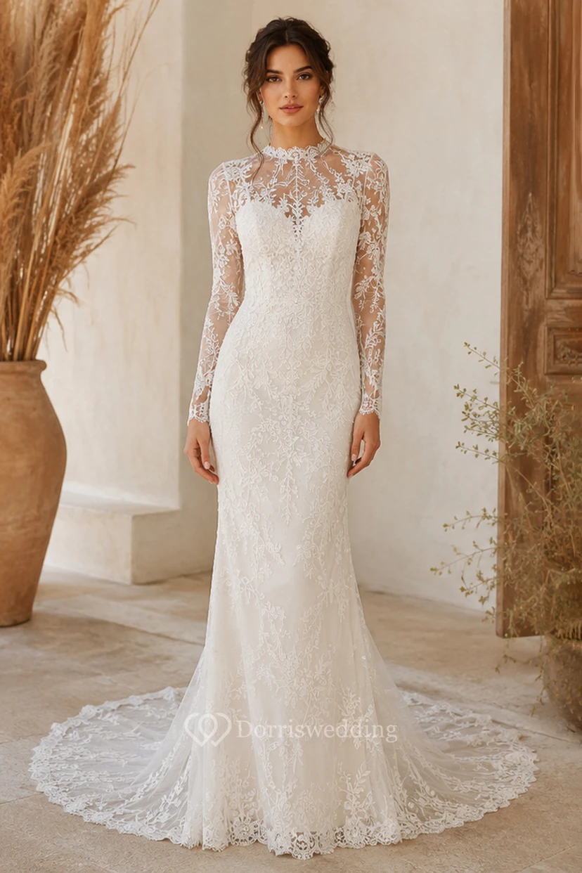 Boho High Neck Lace Mermaid Wedding Dress with Long Sleeves, Illusion Bodice & Elegant Fitted Train