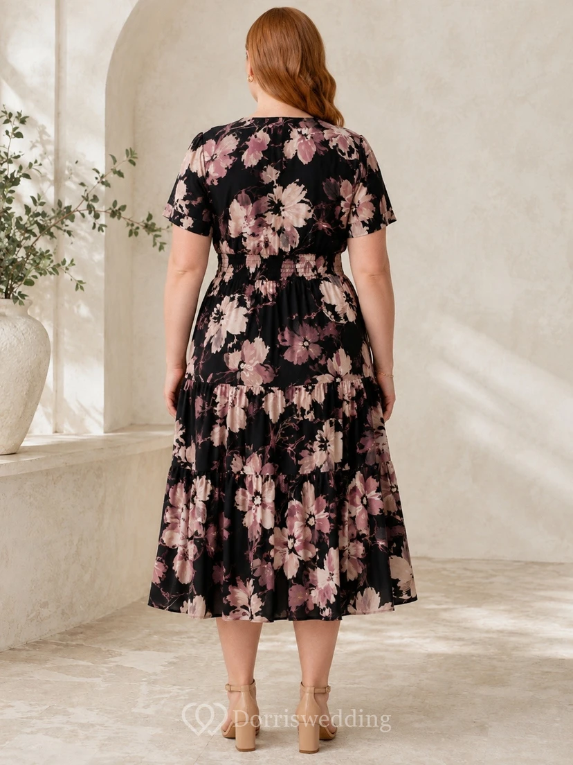 Floral Plus-Size Chiffon V-Neck Short-Sleeve A-Line Tea-Length Dress view 2
