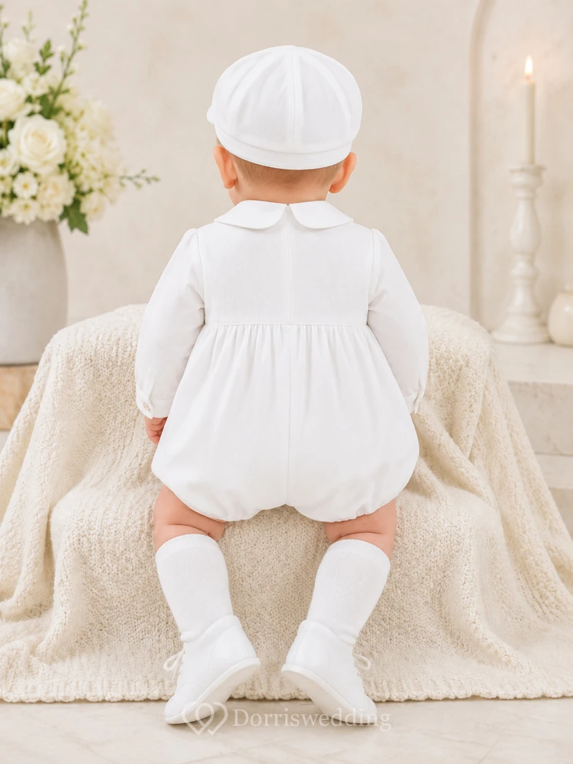 White Smocked Bib Long Sleeve Baby Blessing Bubble Romper for Baby Boy view 2
