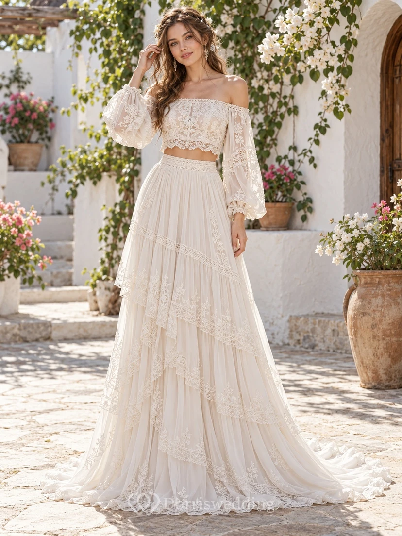 Boho Two Piece Off Shoulder Poet Sleeve Lace Wedding Dress