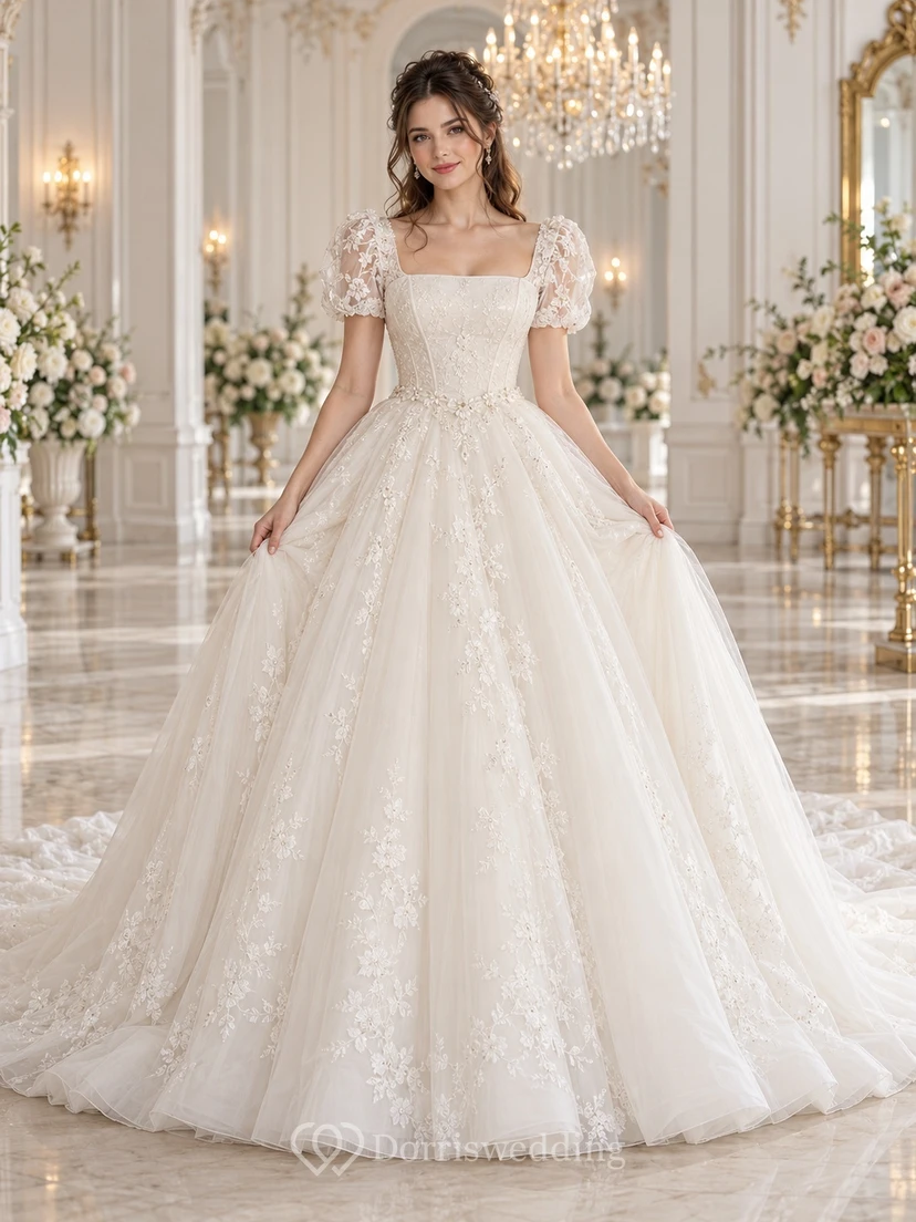 Modest Square Neck Puff Sleeve Tulle Ball Gown Wedding Dress