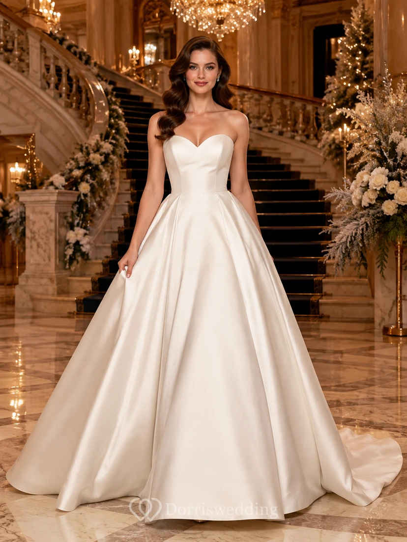Winter Strapless Satin Ball Gown Wedding Dress With Bow