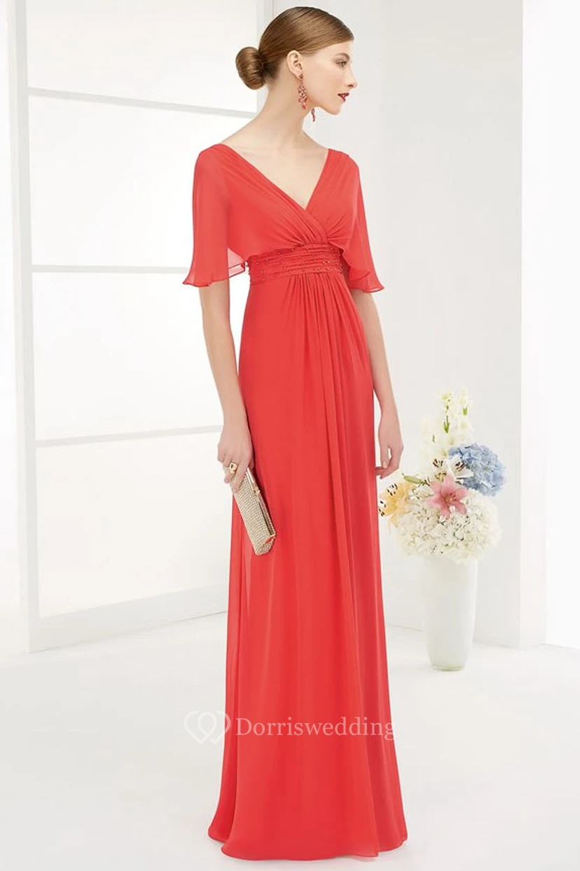 Robe de bal longue en mousseline de soie, coupe empire, col V, dos V et manches cache-cœur