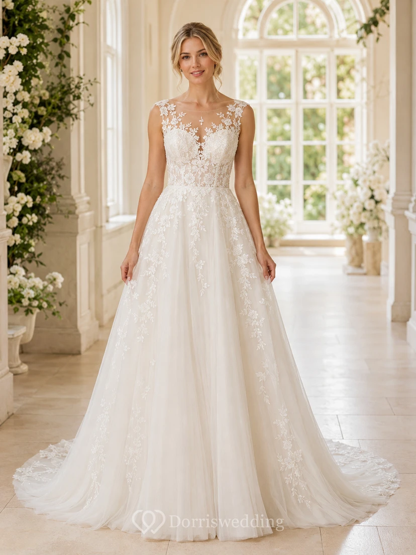 Robe de mariée trapèze en tulle et dentelle florale à col montant et manches courtes