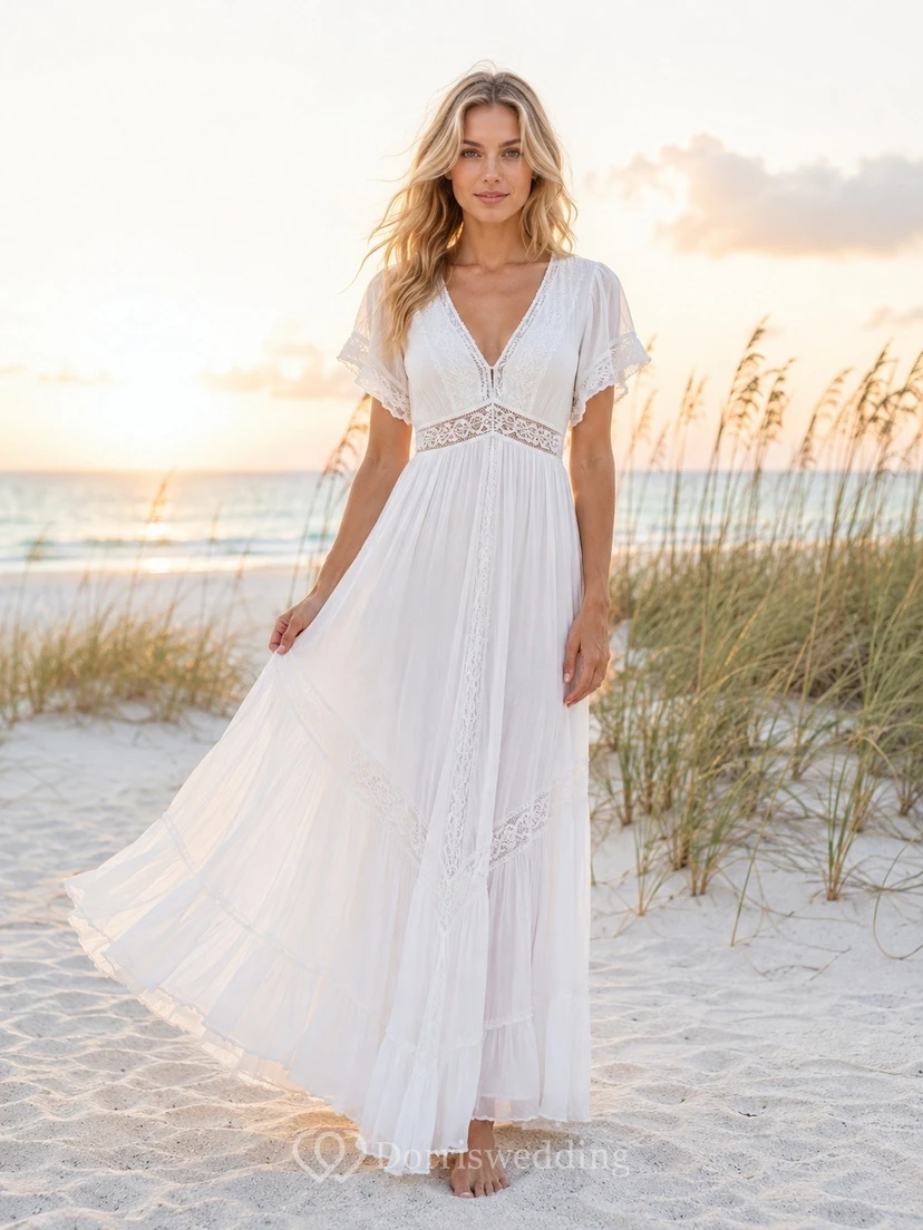 Boho-Strand-Maxikleid in A-Linie mit V-Ausschnitt, flatternden Ärmeln und Spitzenbesatz