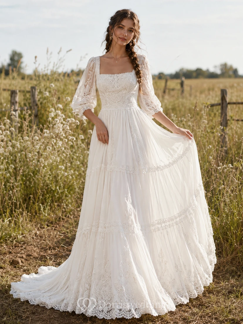Boho Square Neck Puff Sleeve Tiered Meadow Bridal Gown