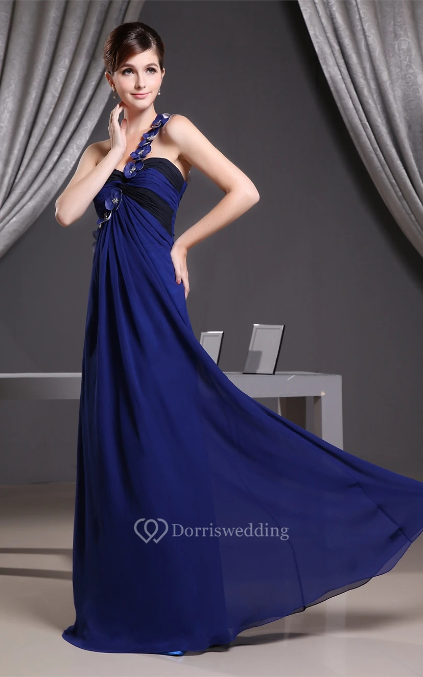 One-Shoulder Chiffon Maxi Ruched Dress With Flower view 4