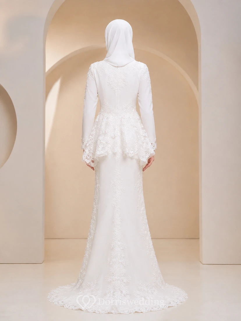 Minimalist Muslim Lace Peplum Sheath Sweep Train Wedding Dress view 2