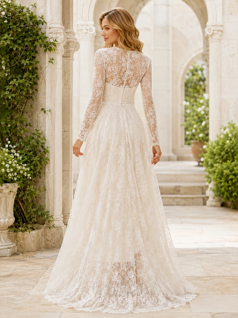 Robe de mariée romantique à manches longues en dentelle, coupe trapèze, effet bateau, style modeste view 2