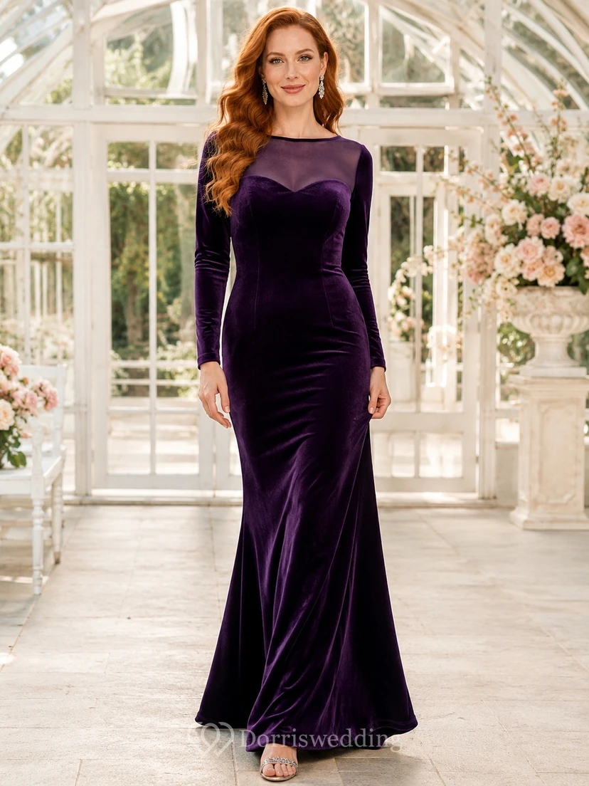 Plum Velvet Jewel Neck Long Sleeve Mermaid Floor-length Illusion Luxury Formal Evening Dress