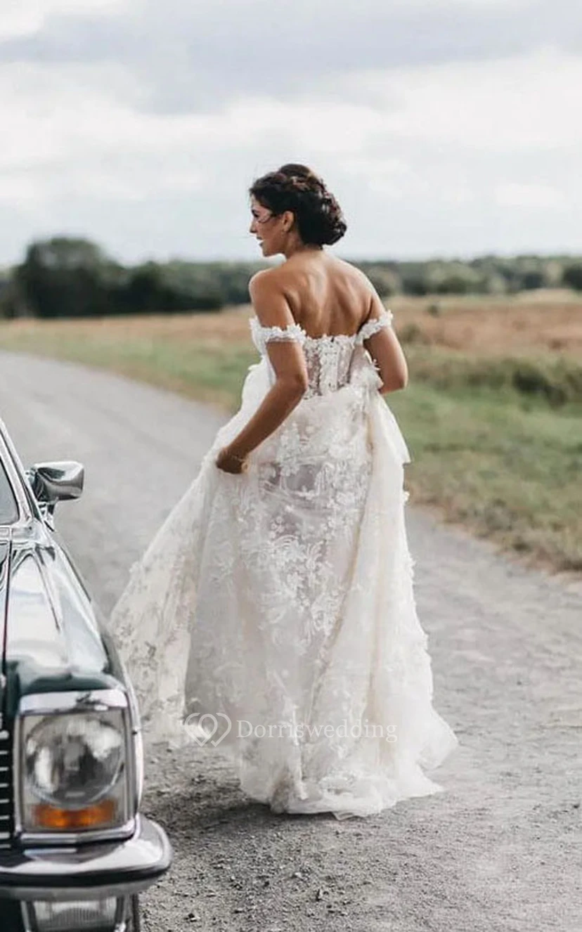 Off-the-shoulder Lace Empire Pleated Corset Back Beach Wedding Dress view 2