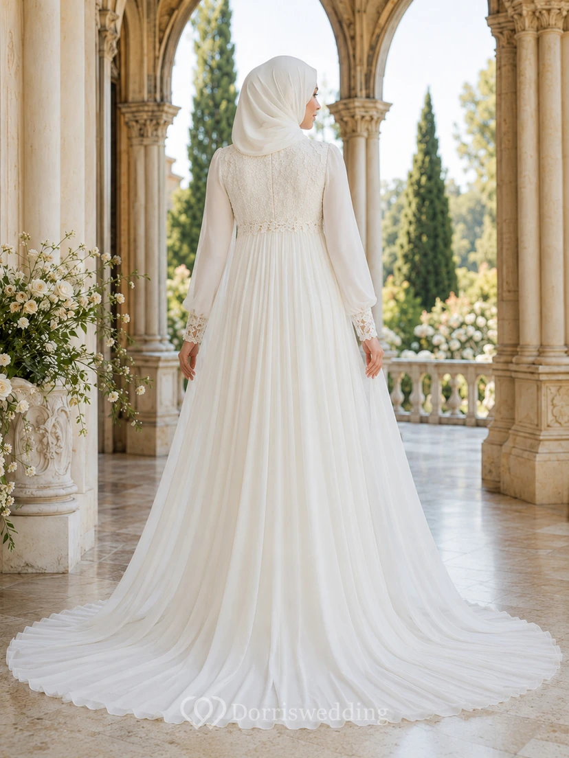 Vestido de novia de estilo imperio de encaje y gasa de manga larga para embarazadas, musulmán. view 2