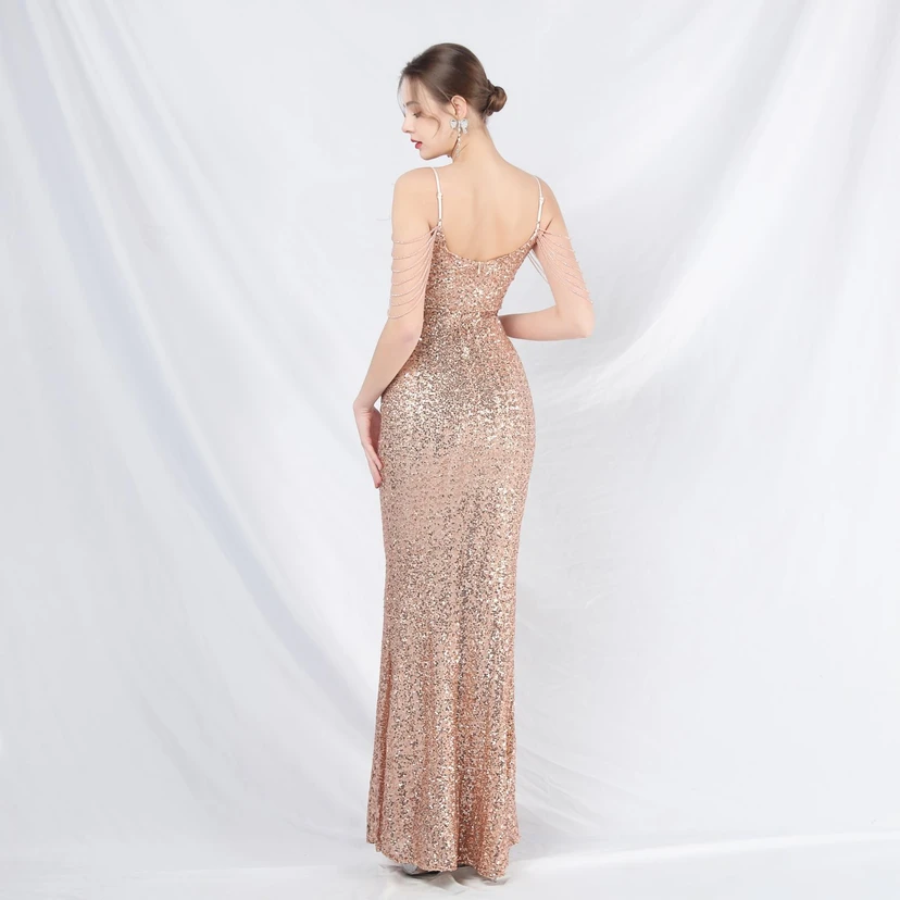Craft Beaded Ostrich Feather Fantasy Sequined Long Evening Dress view 33
