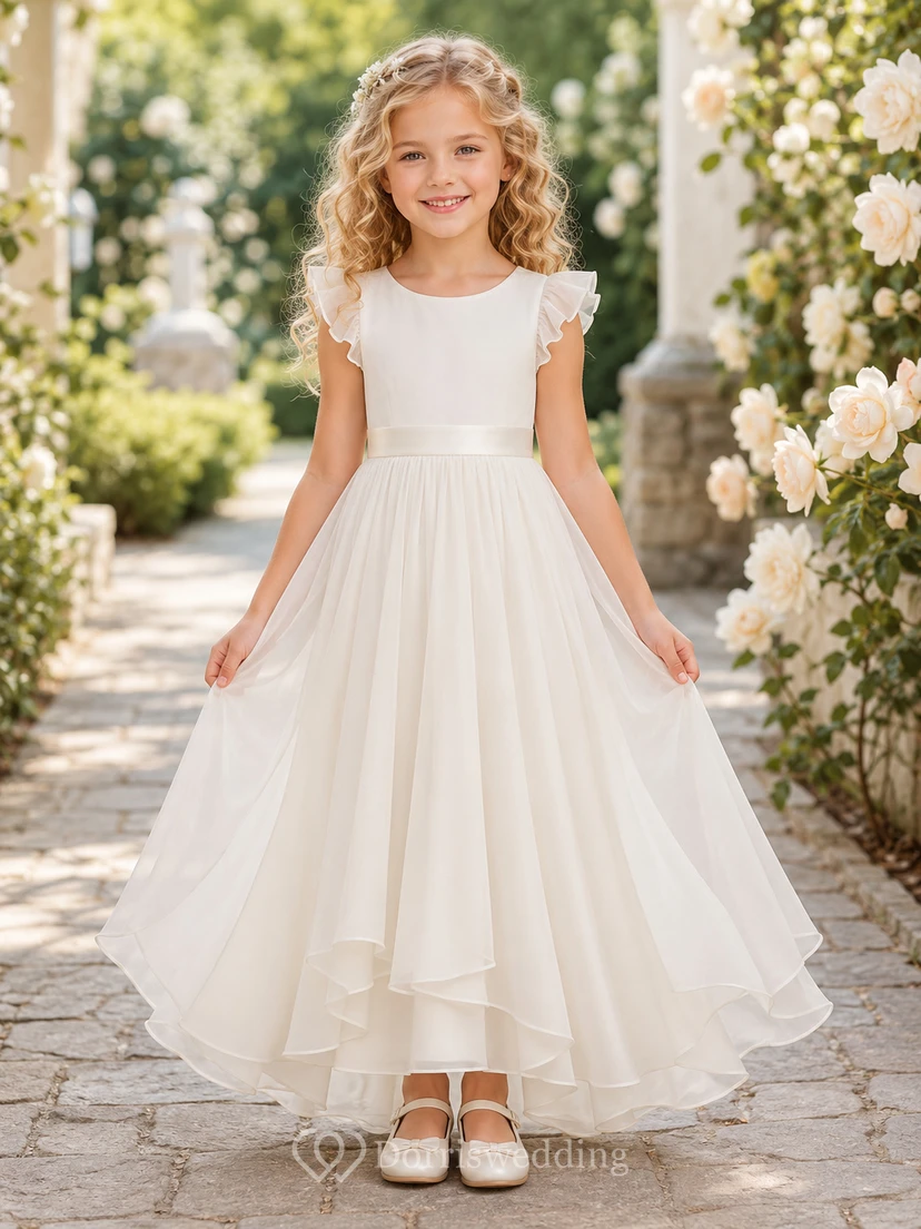 Blumenmädchenkleid aus elfenbeinfarbenem Chiffon, A-Linie, V-Ausschnitt, Teelänge, plissiert
