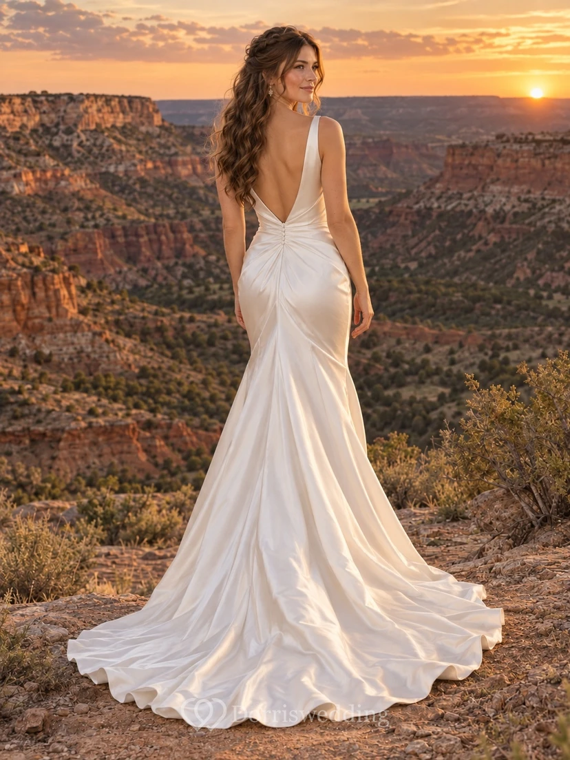 Vestido de novia sencillo de sirena con escote en V, sin mangas, drapeado, de charmeuse y cola corta. view 2