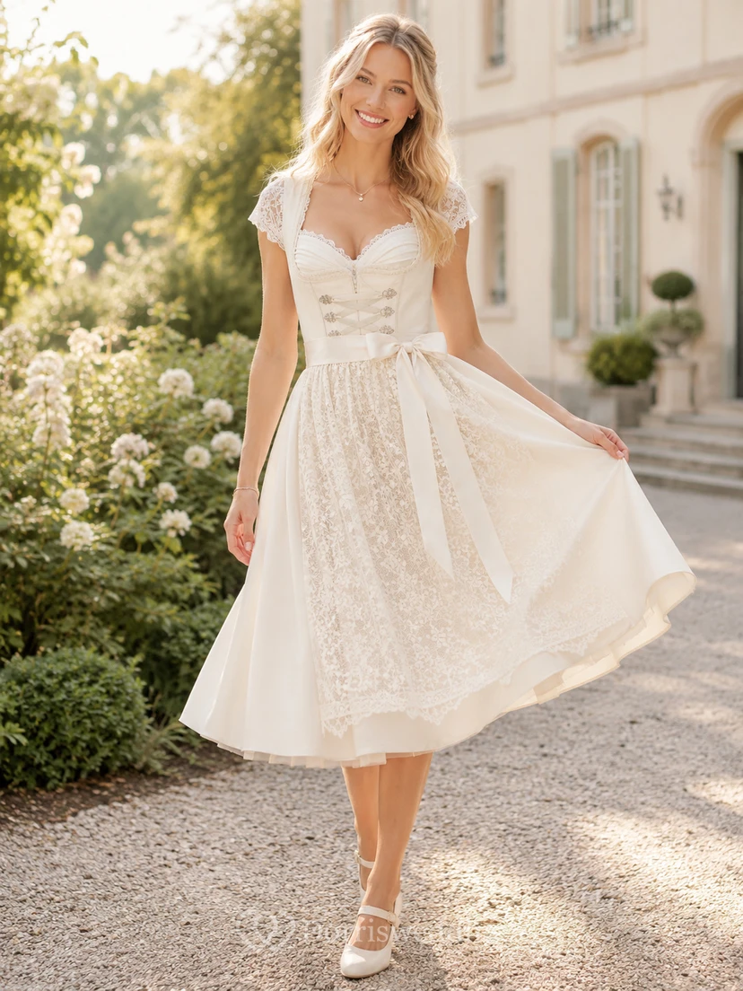Bridal Dirndl V Neck Cap Lace Sleeve Dotted Apron Tea Wedding Dress
