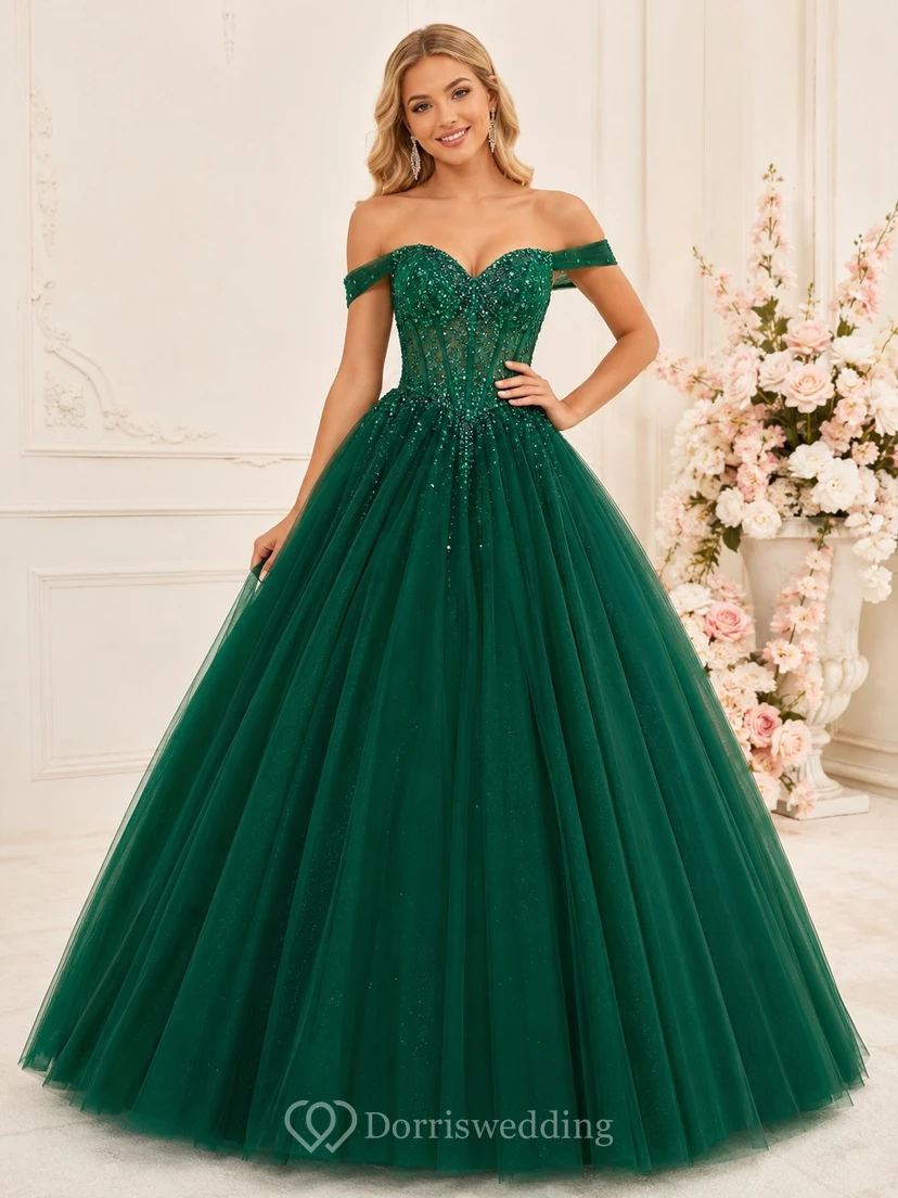 Dark Green Junior Pageant Sequined Off-the-shoulder Tulle Ball Gown Floor-length Dress