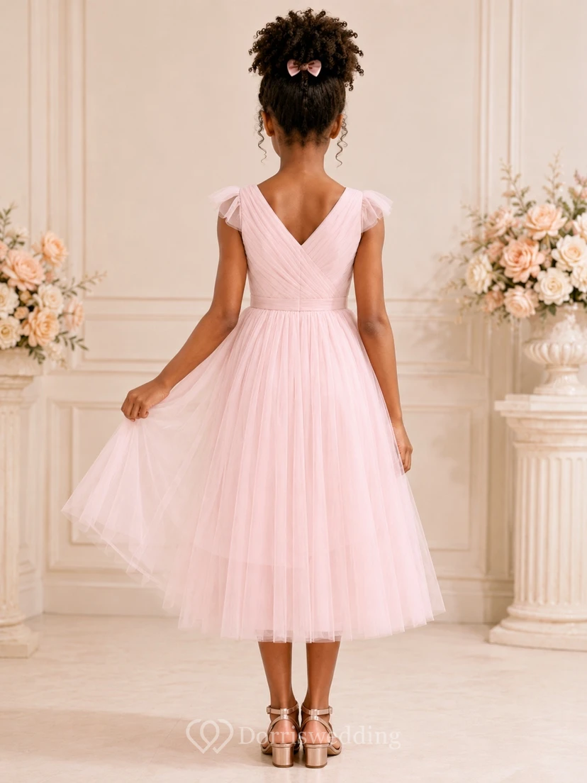 Candy Pink Junior Bridesmaid Dress A-Line Tea-Length V-Neck Sleeveless Pleated Skirt Romantic view 2