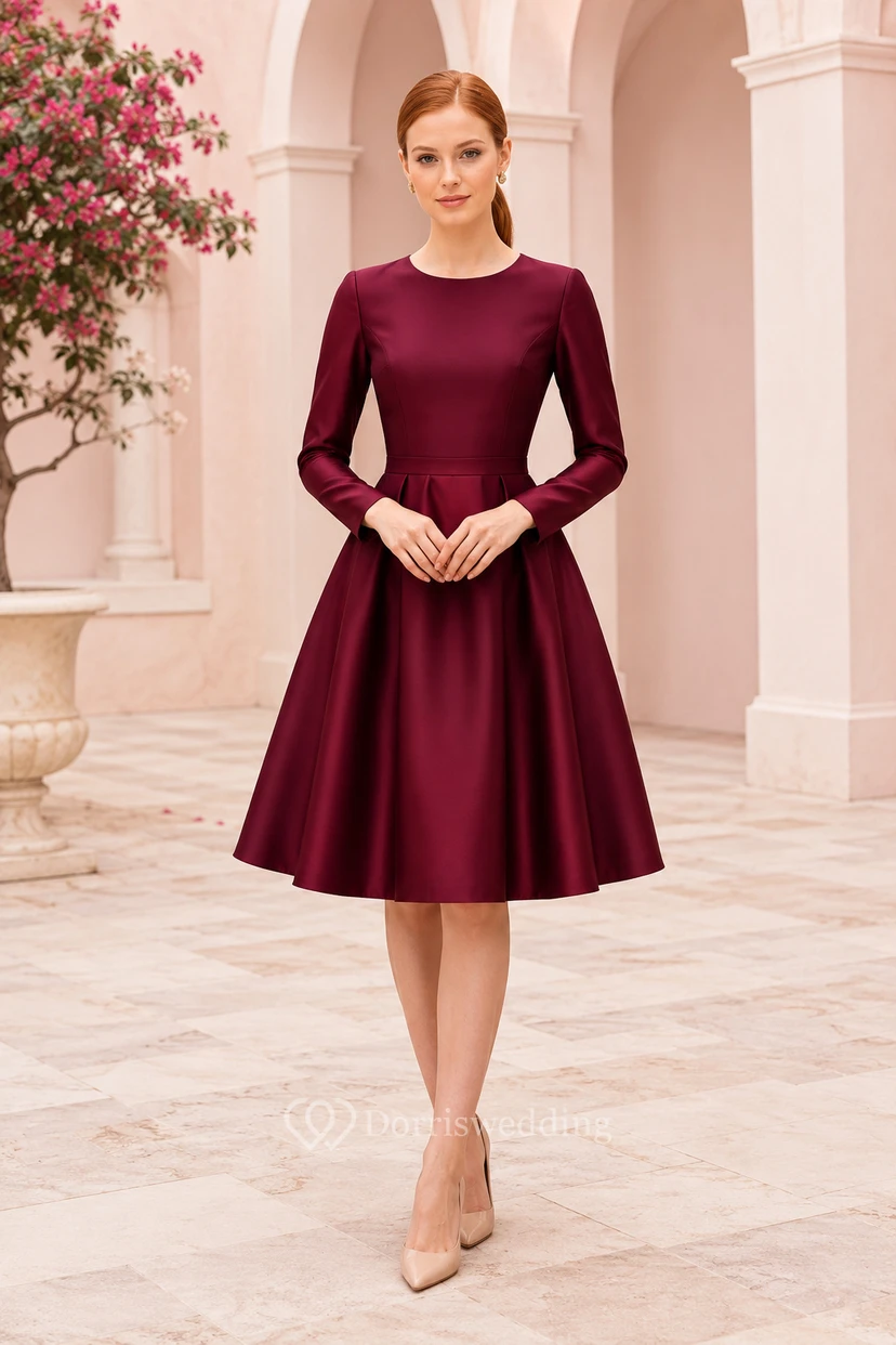 Robe d'invitée bordeaux en satin, coupe trapèze, manches longues, longueur genou, col rond, col rond