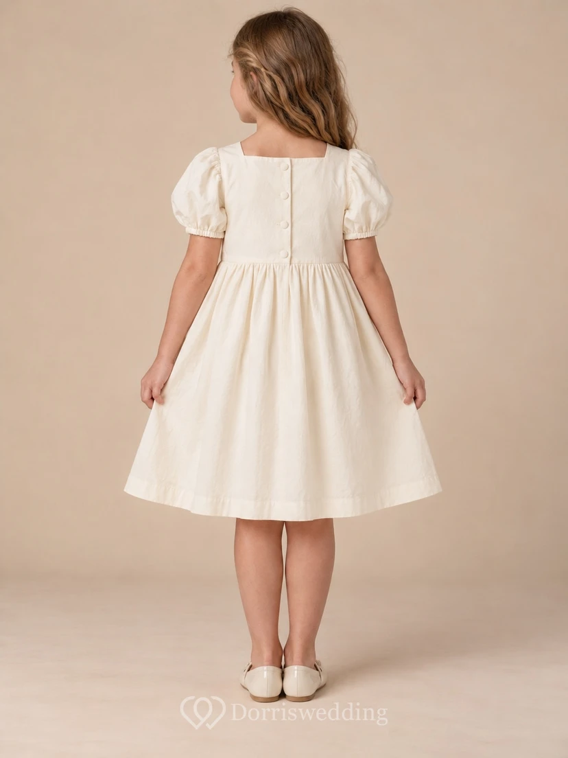Simple Cream Square-neck Short Puff Sleeves Gathered Scalloped-pocket Button-back Flower Girl Dress view 2