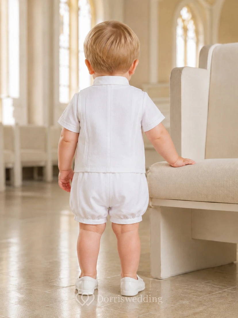 Weißer, kurzärmeliger, asymmetrischer Baby-Strampler aus Leinen mit LDS-Segnungsmotiv view 2
